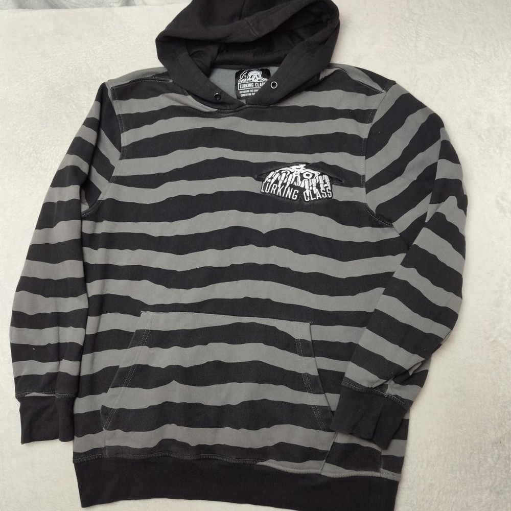 Lurking Class Hoodie Mens M Black Striped Pullover Hooded Fleece Pockets